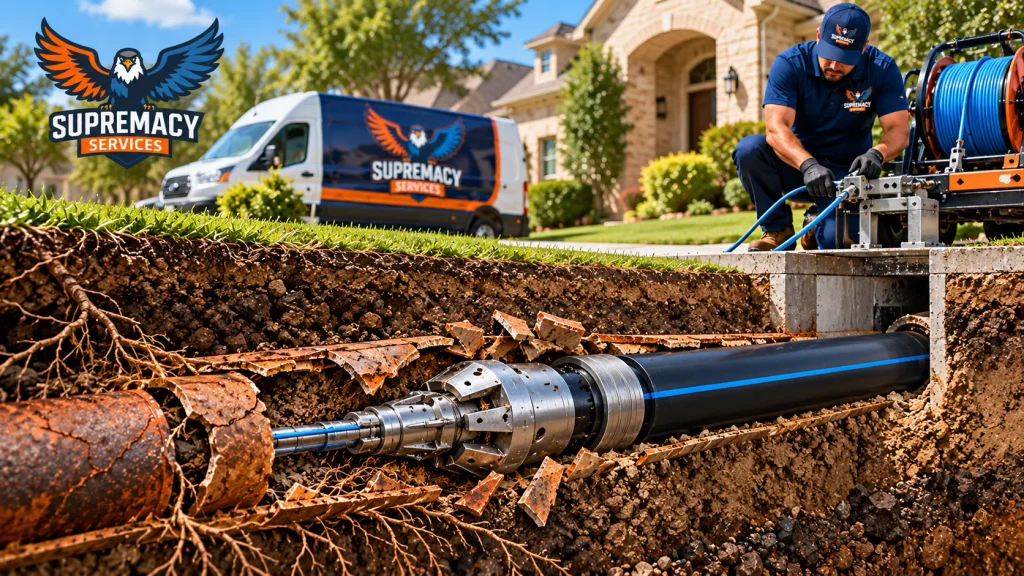 Pipe bursting equipment breaking an old underground sewer pipe while pulling a new black replacement pipe into position.
