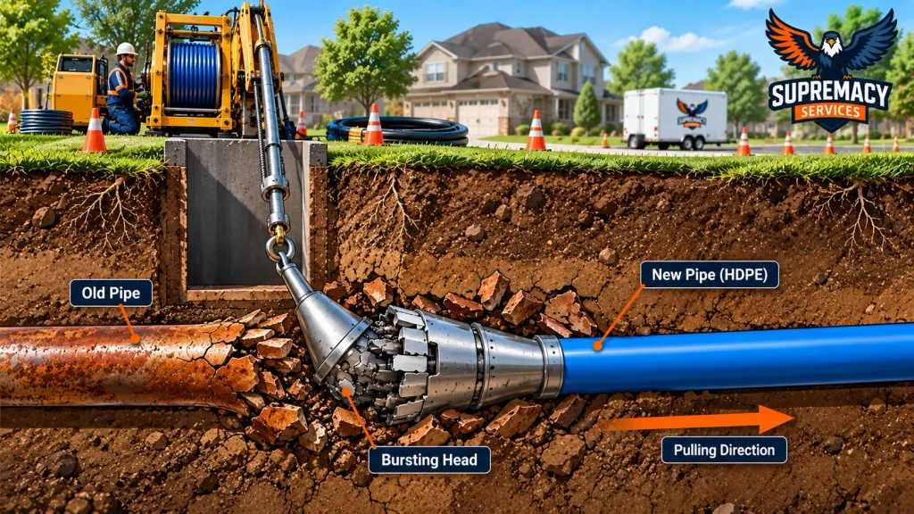 Underground cross-section showing a pipe-bursting head breaking an old water line while pulling a new HDPE pipe into place.