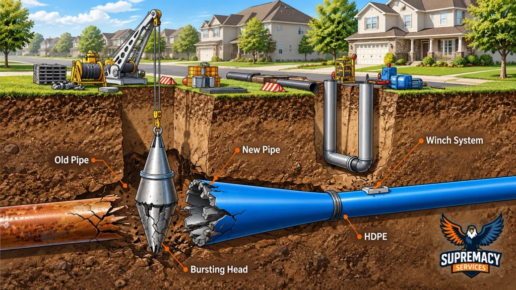 Underground cutaway illustration showing a pipe-bursting head breaking an old water line while a new blue HDPE pipe is installed.