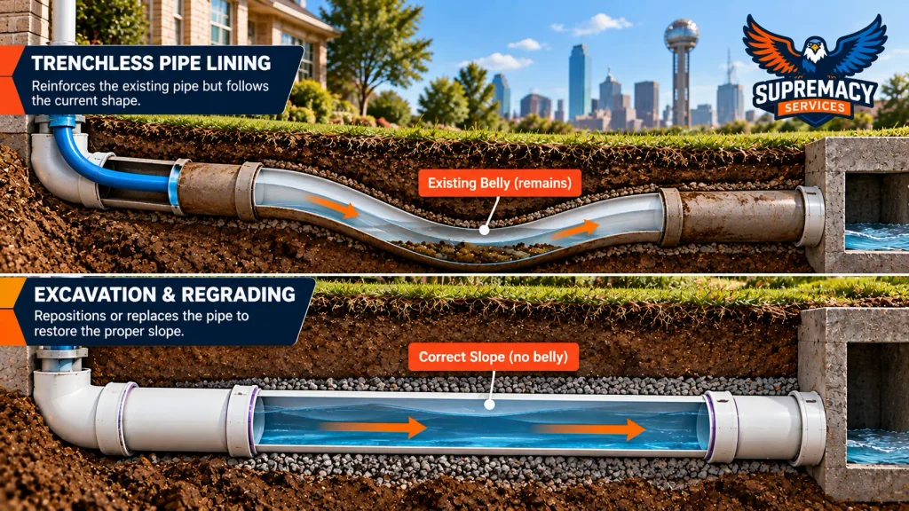 Comparison diagram showing trenchless pipe lining following an existing sewer belly and excavation restoring the proper pipe slope.