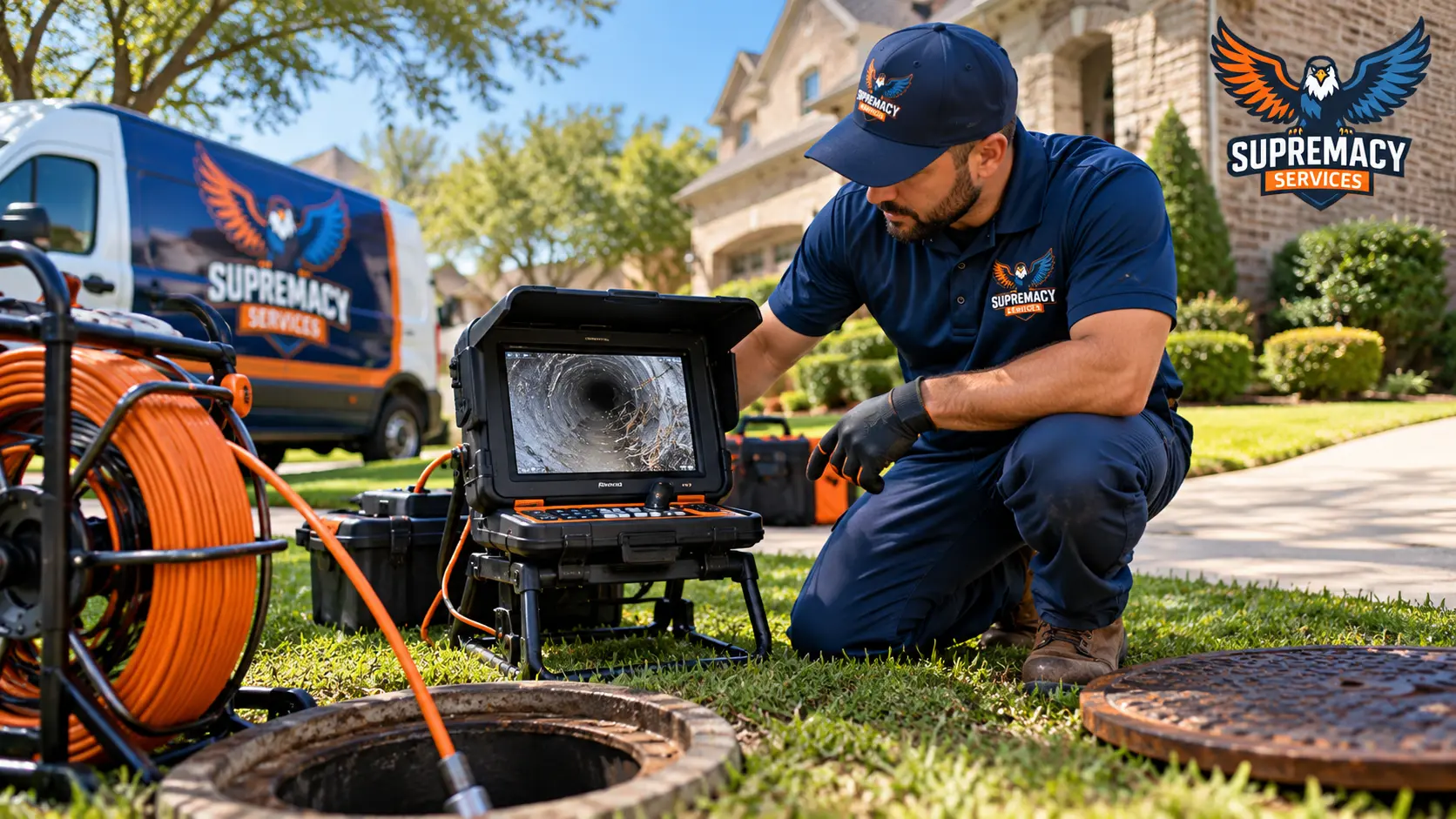 Supremacy Services technician inspecting an underground sewer line using a camera system outside a Dallas home.