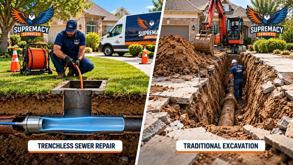 Side-by-side comparison of trenchless sewer repair with limited excavation and traditional sewer replacement using an open trench.