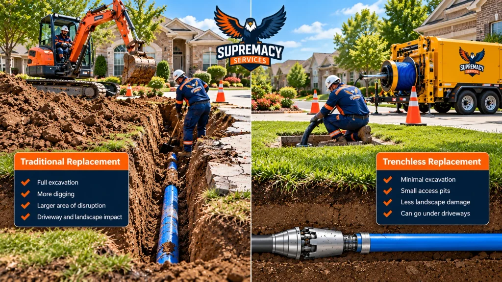 Comparison showing a large excavation trench beside a lawn with smaller access pits used for trenchless water pipe installation.