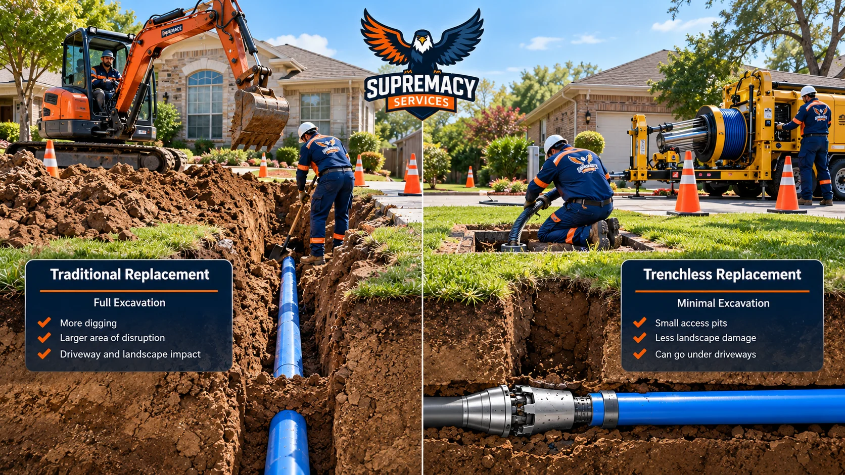 Side-by-side comparison of traditional excavation and trenchless water line replacement at a Dallas home.