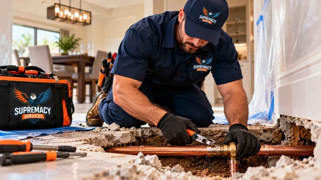 Supremacy Services plumber repairing copper water supply piping through an opened concrete floor inside a residential property.