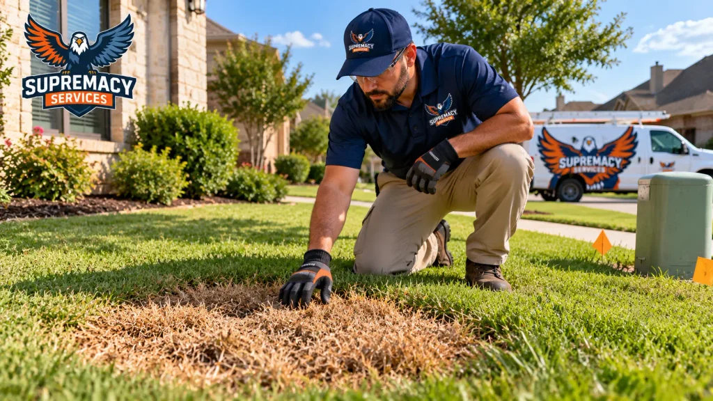 Supremacy Services technician examining a patch of dead grass surrounded by healthy lawn at a North Texas home.