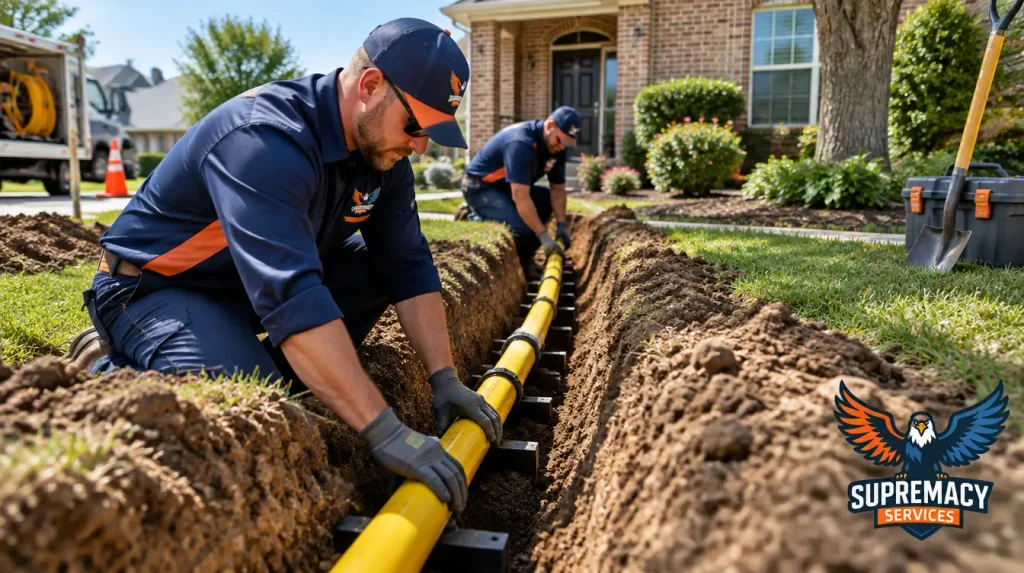 Professional plumbing technicians installing new underground residential gas piping in an excavated trench outside a Dallas home.