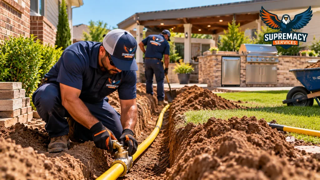 Supremacy Services technicians installing underground gas piping in a backyard trench leading toward an outdoor kitchen.