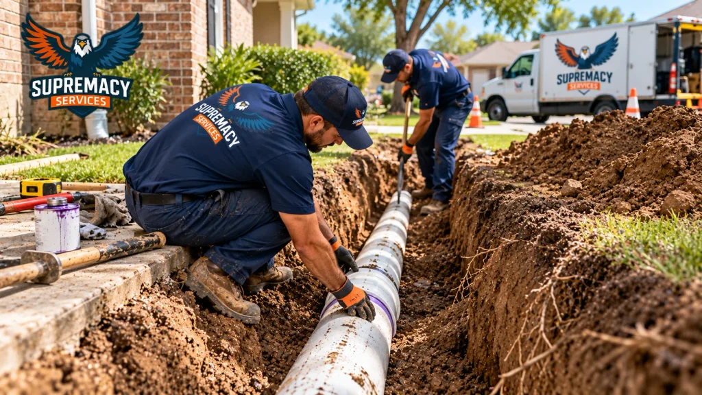 Plumbing technicians installing a replacement PVC sewer pipe in an excavated trench beside a residential home.