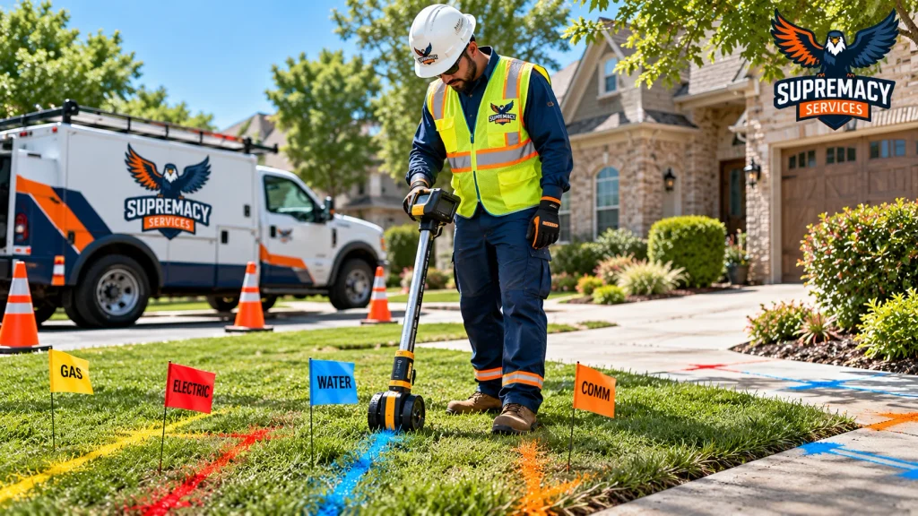 Utility locating technician scanning a Dallas residential lawn with marked underground gas, electric, water, and communication lines.