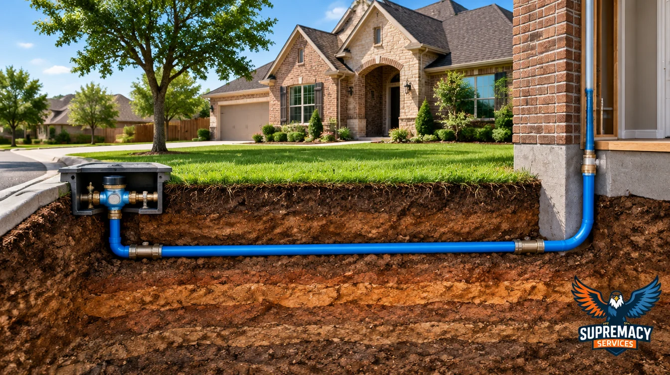 Cross-sectional view of an underground residential water supply line beneath a Dallas, Texas home.