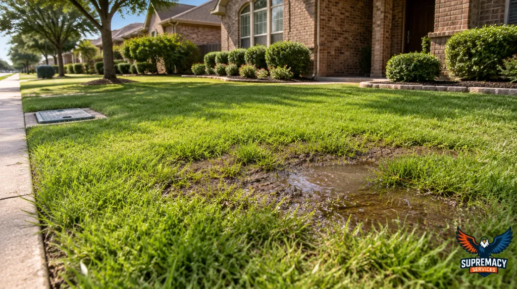 Wet soil, pooling water, and unusually green grass in the front yard of a Dallas home, potentially indicating an underground water line leak.