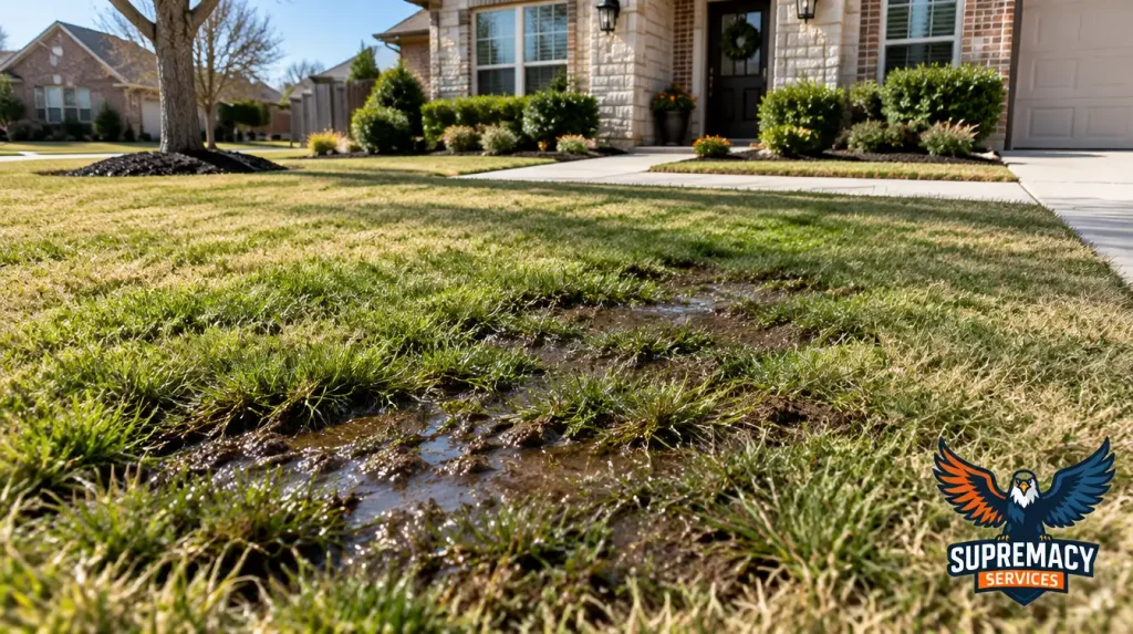 Wet grass and a muddy patch in a residential front yard showing possible signs of a leaking underground water supply pipe.