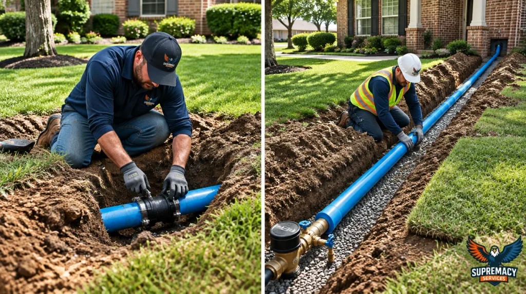 Side-by-side comparison of a localized underground water pipe repair and full residential water line replacement