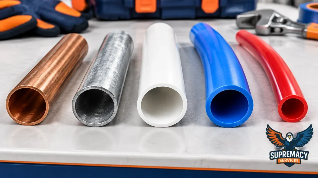 Comparison of copper, galvanized steel, PVC, HDPE, and PEX water pipes used in residential plumbing.