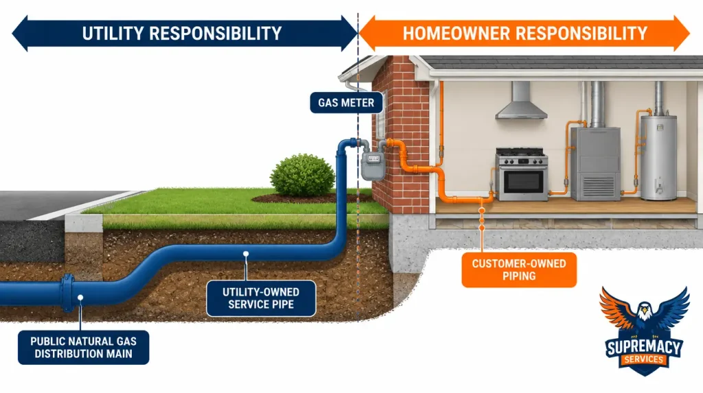 Diagram illustrating typical utility-owned and homeowner-owned natural gas piping connections at a Texas residential property.