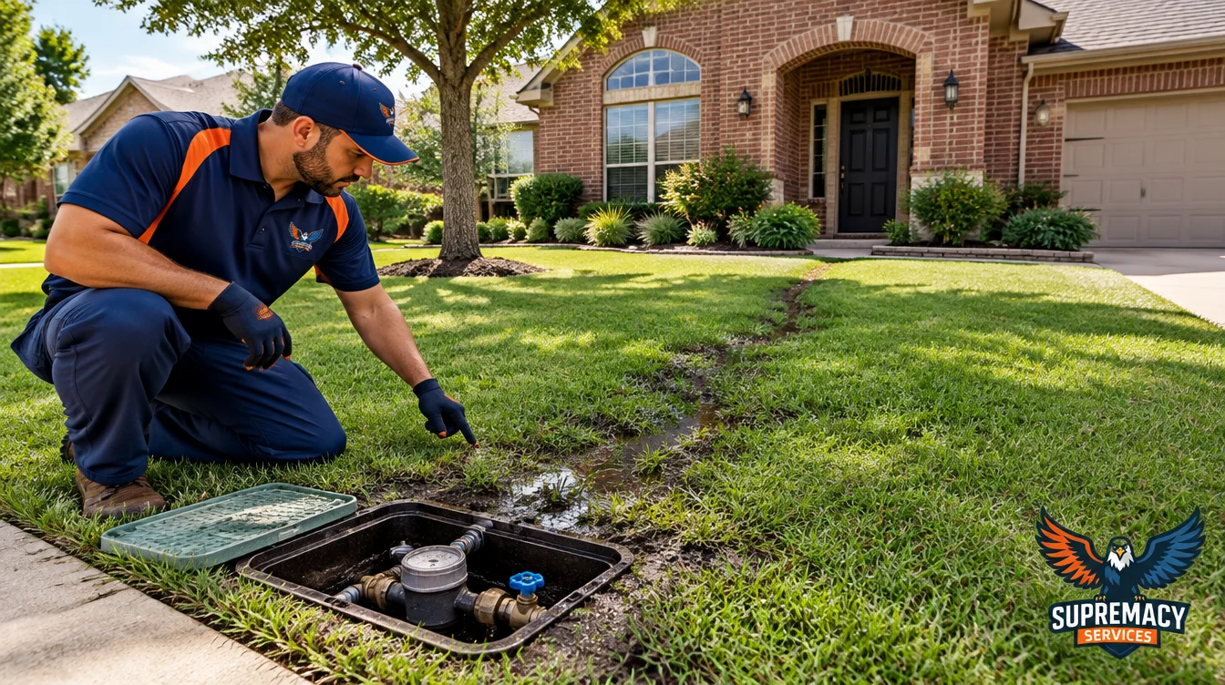 Residential water meter in the front yard of a Dallas home with signs of a possible underground water line leak.
