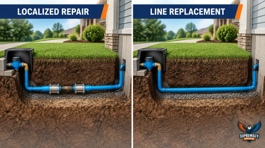 Side-by-side cutaway illustration comparing a localized underground water pipe repair with a complete residential water service line replacement.