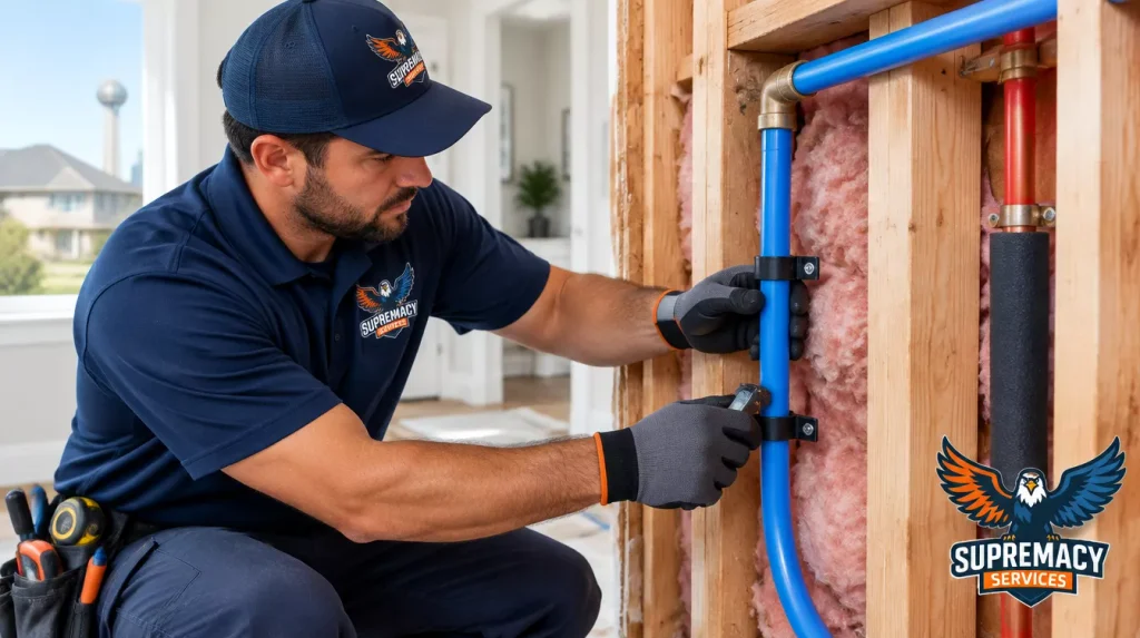 Professional plumber installing a supported blue PEX replacement water supply line inside an open interior wall cavity of a Dallas home.