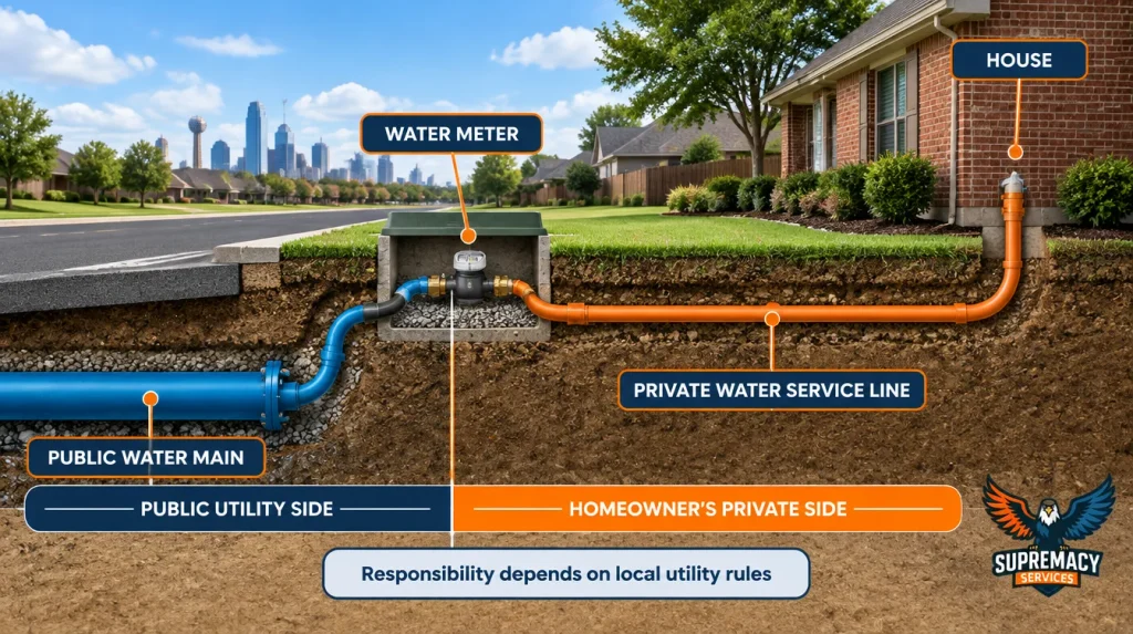 Diagram illustrating the public water main, residential water meter, and private water service line connecting the meter to a house.