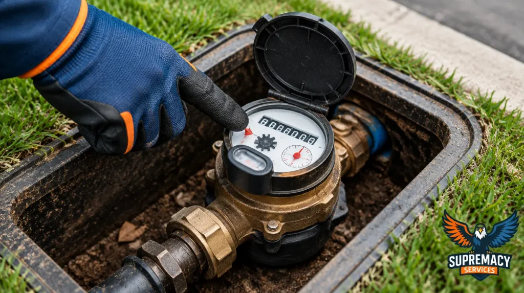Professional plumber using acoustic leak detection equipment on a tiled floor to investigate a suspected hidden water leak beneath a concrete slab.