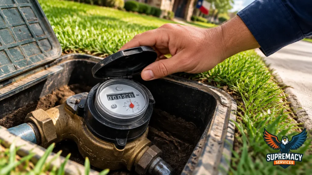 Homeowner checking an outdoor residential water meter in Dallas to investigate possible hidden water consumption.