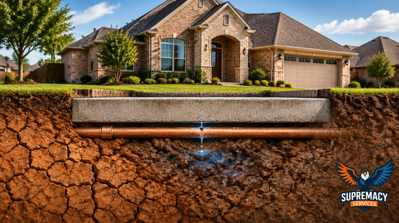 Cutaway illustration of a North Texas home showing a leaking water pipe beneath the concrete slab foundation.